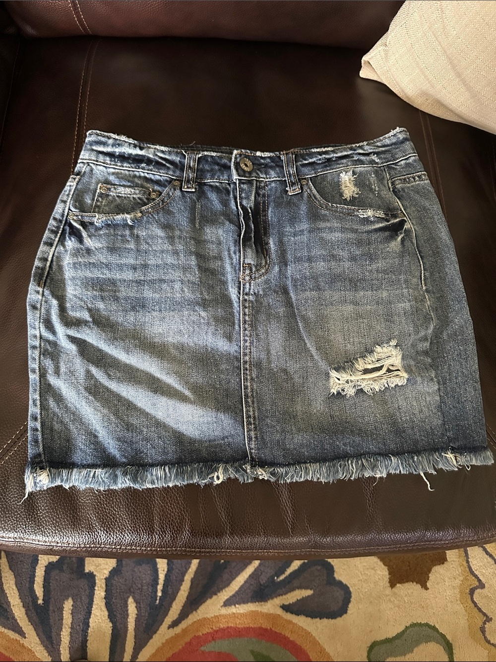 Denim Distressed Mini Skirt - Blue